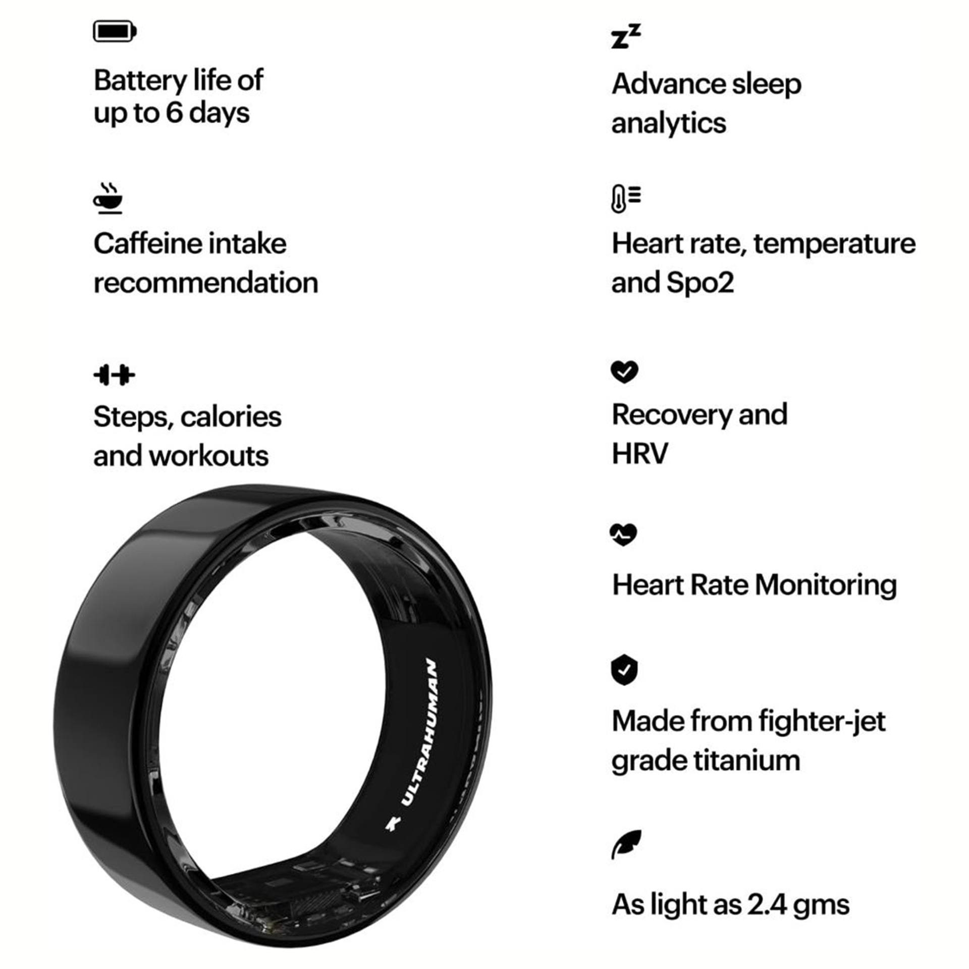 Ultrahuman Ring AIR in Aster Black mit Funktionen wie Schlafanalyse, Herzfrequenzüberwachung, Kalorien- und Aktivitätstracking, gefertigt aus hochwertigem Titan und nur 2,4 g leicht – smarter Gesundheits-Tracker für Alltag und Fitness.